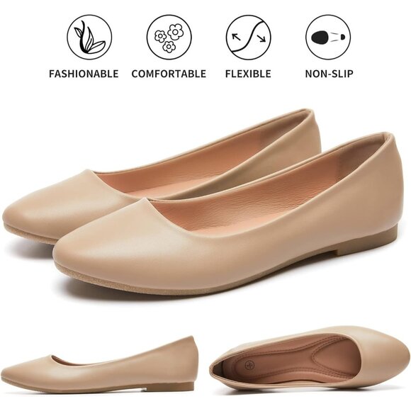 Women's Nude PU Leather Closed Toe Slip on Comfortable Ballet Flats Shoes - Picture 3 of 9